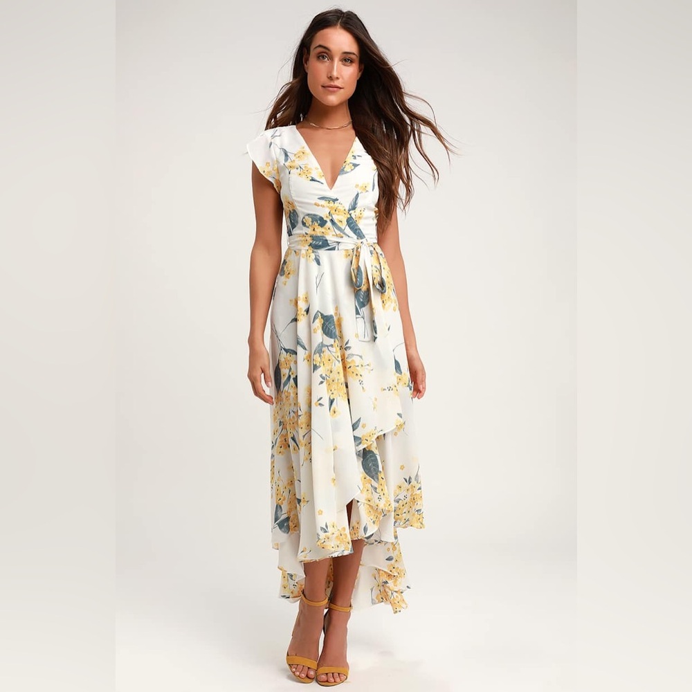 Lulus French Countryside White and Yellow Floral Print High-Low Dress